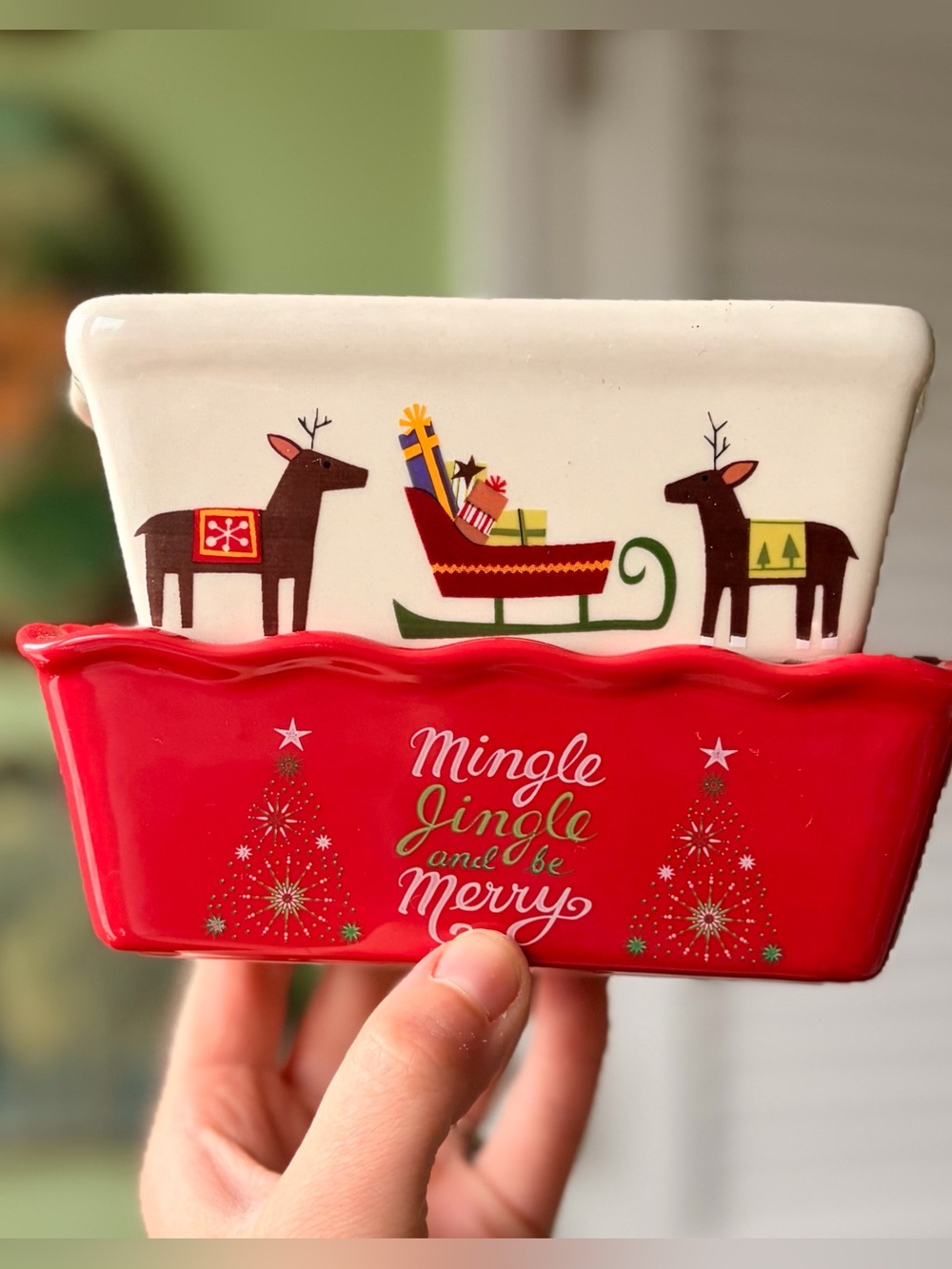 Holiday Ceramic Reindeer and Sleigh Kitchen Bakeware Mini Loaf Pan Set of 2